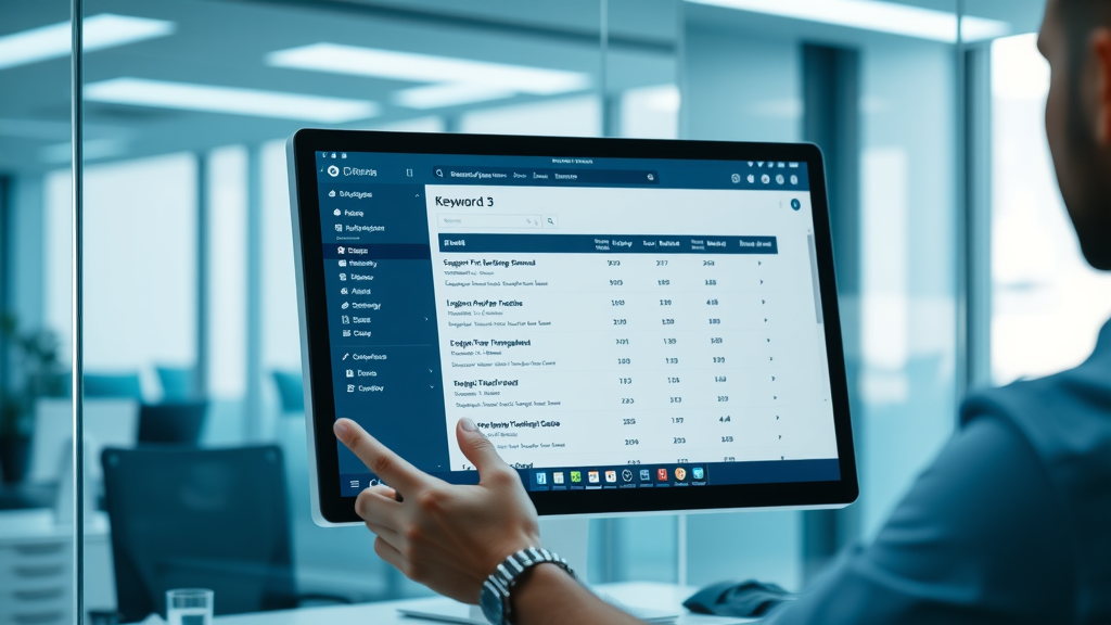 desktop showing keyword research tool for website optimization for local businesses, local keyword analysis, highly detailed, modern office, cool blue tones