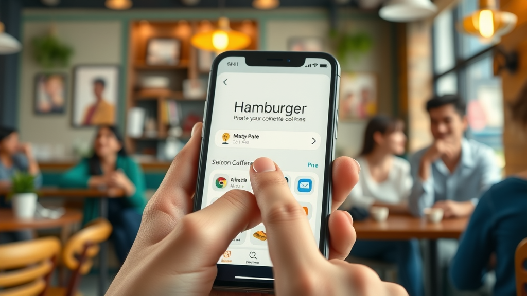 close-up of smartphone screen with finger tapping an intuitive hamburger menu, clean modern app interface