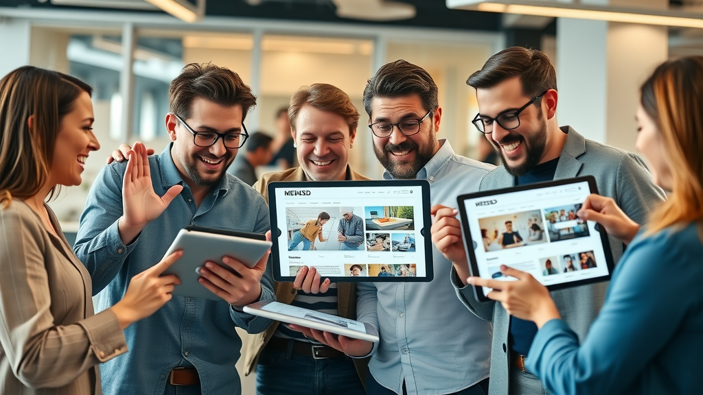 modern small business team brainstorming website layouts on digital tablets | website build